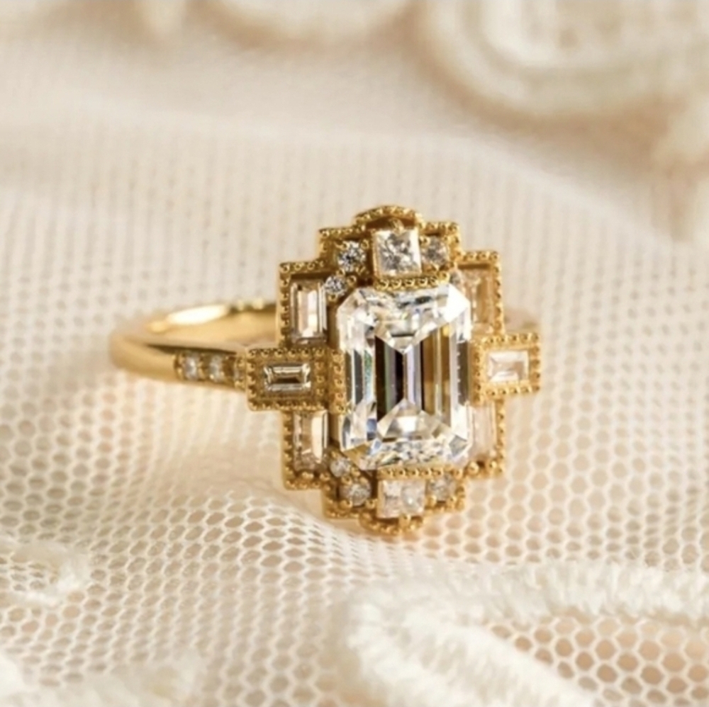 GRA Certified VVS1 Emerald Cut Art Deco Moissanite Ring 6 Size Available